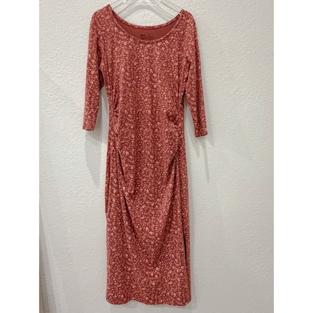 PACT Organic Cotton Maternity Floral Midi Dress Ruched Pink Size L